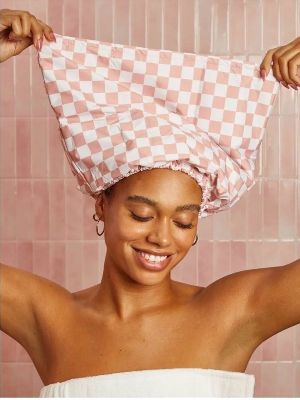 Kitsch Satin Lined Flexi Shower Cap - Terracotta Checker New